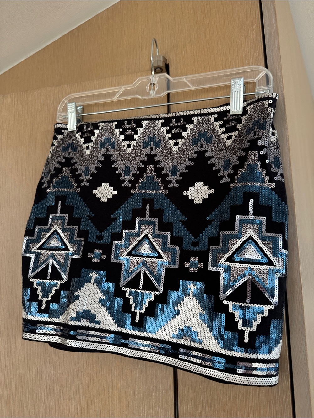 Express XS Sequin Geo-Pattern Mini Skirt in Black, Blue and Silver